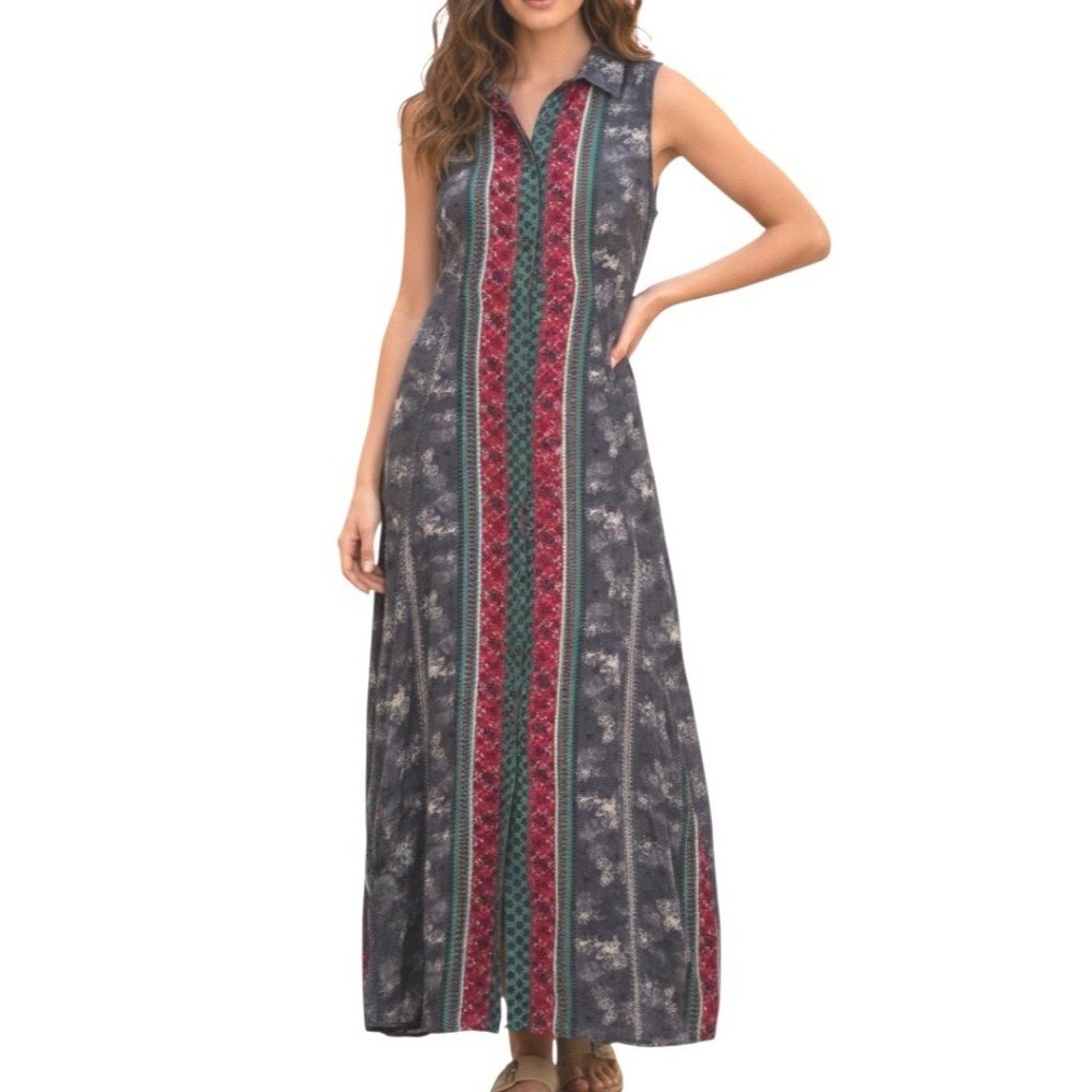 EN CREME Blue/Multi STRIPED & FLORAL Button-Down SLEEVELESS Maxi SHIRT DRESS M